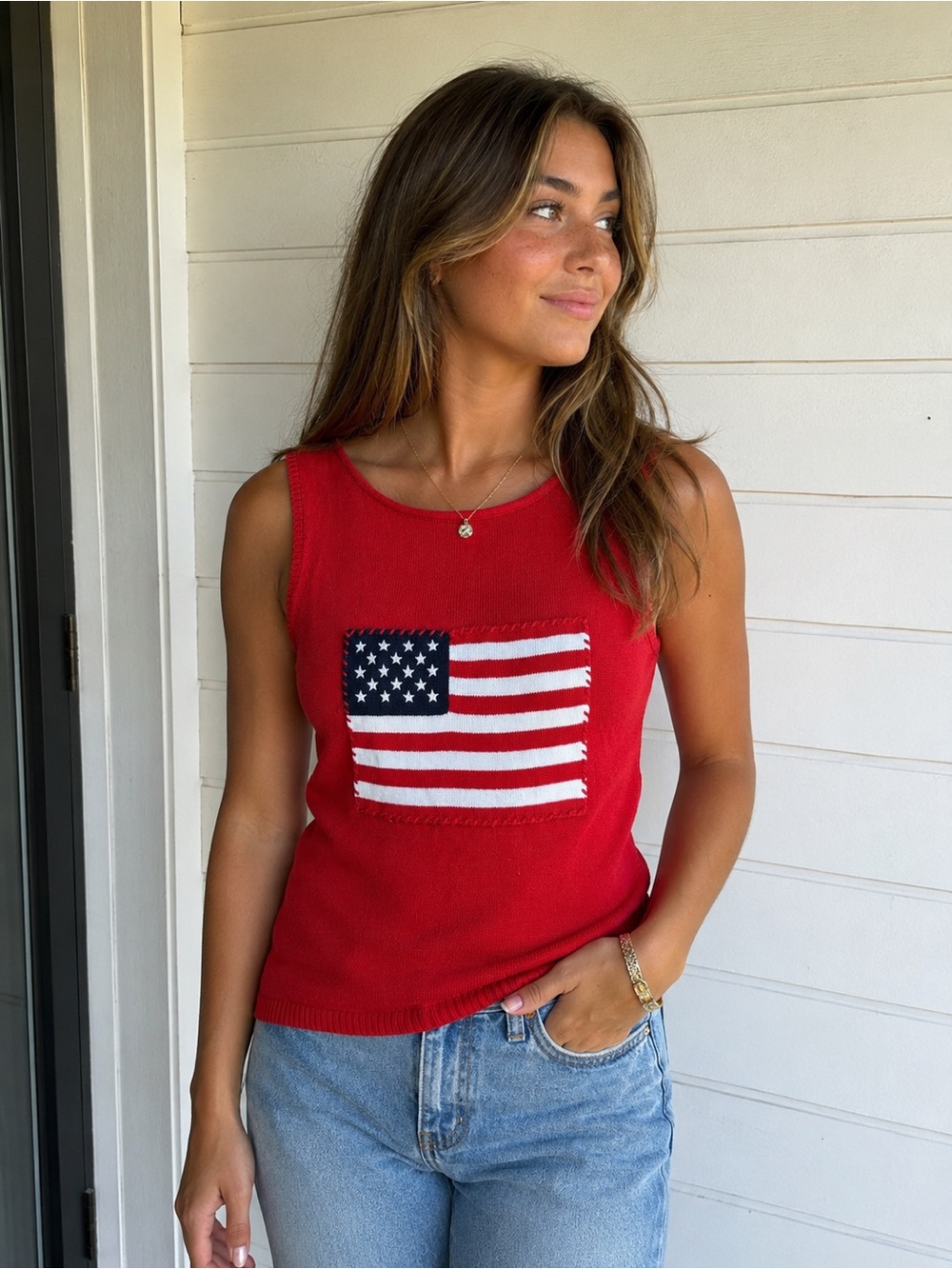 Rafaella Red Knit Tank with Flag | 100% Cotton
